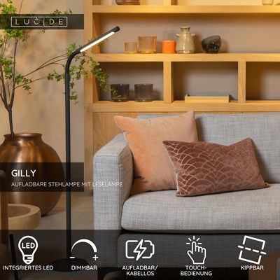 Lucide GILLY - wiederaufladbare Stehlampe Mit Leselampe - Akku/Batterie - LED Dim. - 1x6W 2700K - Schwarz